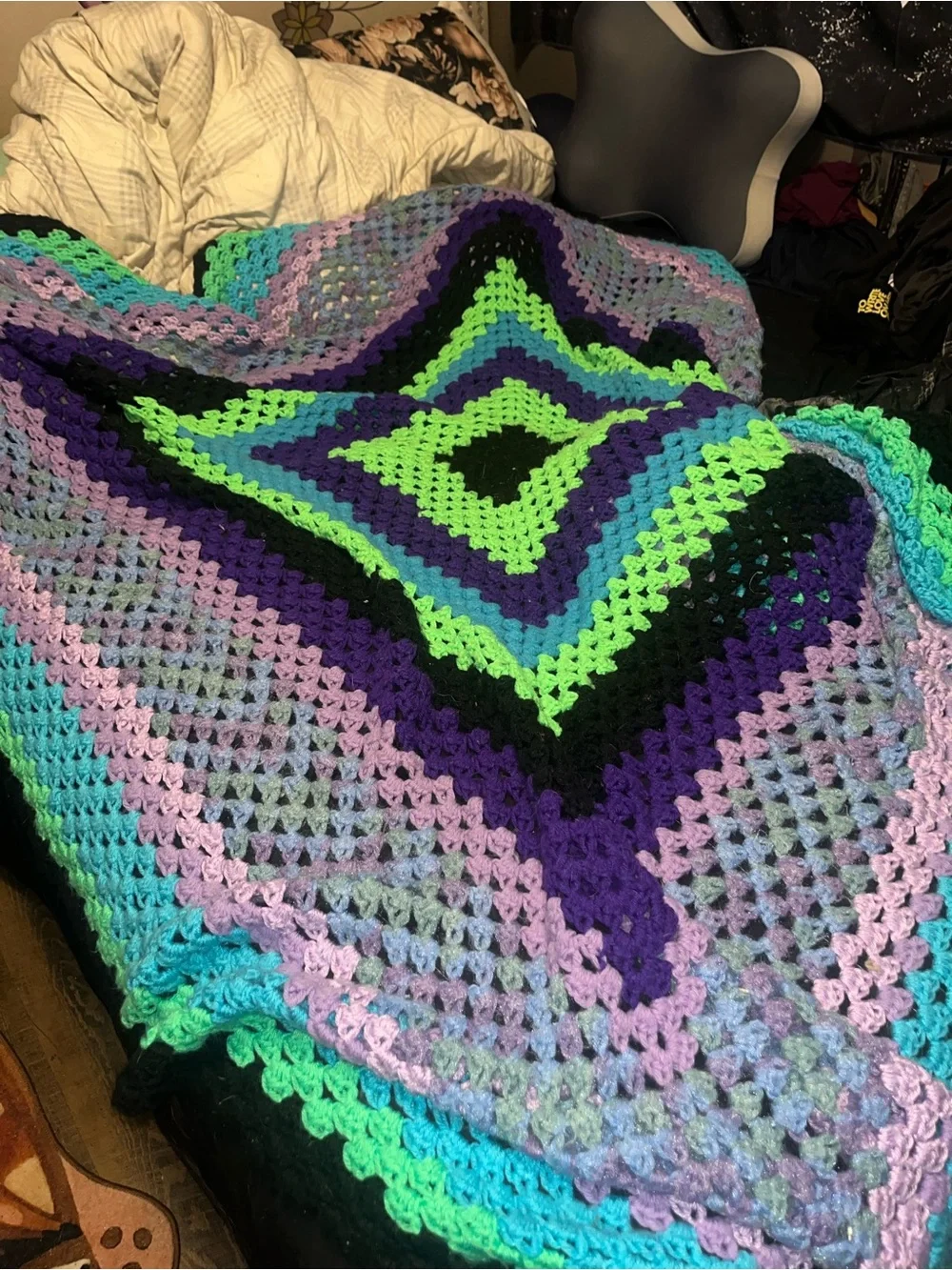Handmade Crochet Granny Square Throw Blanket - Purple, Teal, Lime & Black